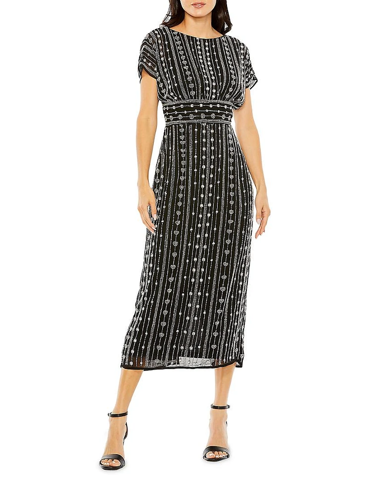 Beaded Mesh Column Midi-Dress