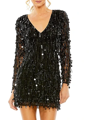 Long-Sleeve Beaded Fringe Minidress