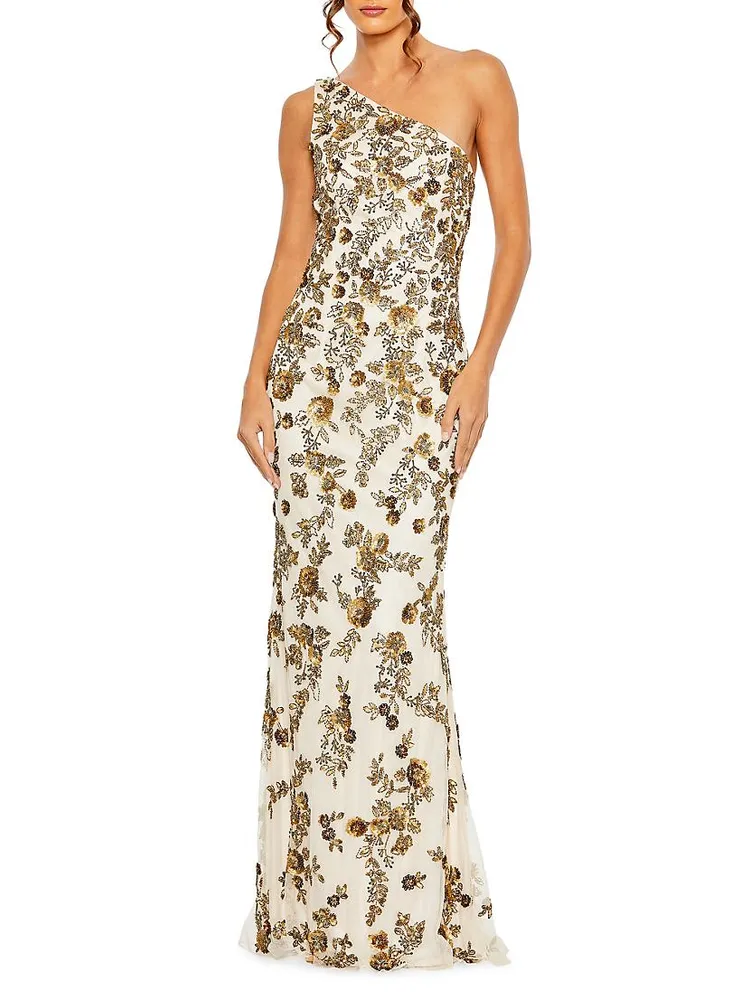 Asymmetric Floral Beaded Gown