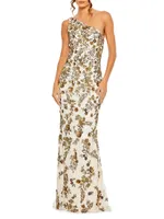 Asymmetric Floral Beaded Gown