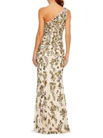 Asymmetric Floral Beaded Gown