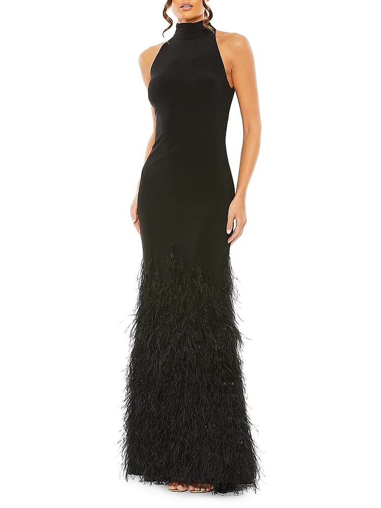 Feathered Jersey Halter Gown