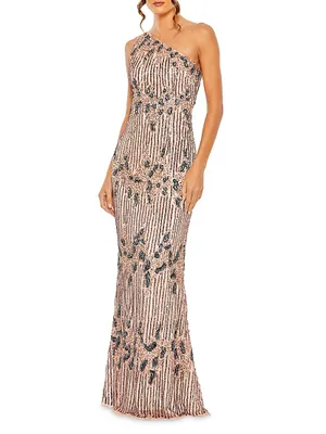 Asymmetric Embellished Mesh Gown