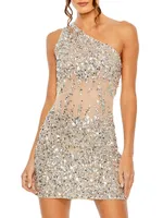 Asymmetric Sequined Mesh Minidress