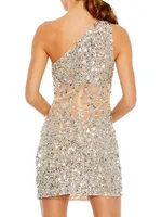 Asymmetric Sequined Mesh Minidress