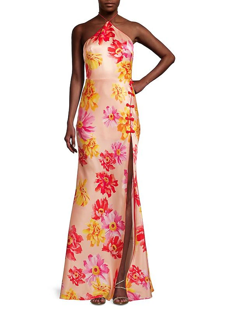 Tess Floral-Printed Halter Gown