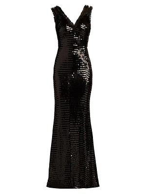 Sequined Ruffle-Trim Gown