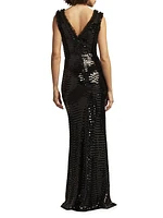 Sequined Ruffle-Trim Gown