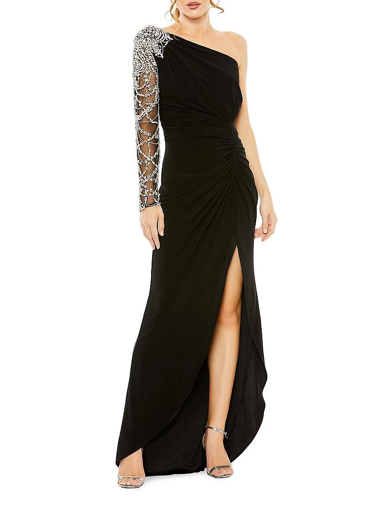 Asymmetric Crystal-Embellished Jersey Gown