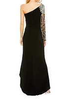 Asymmetric Crystal-Embellished Jersey Gown