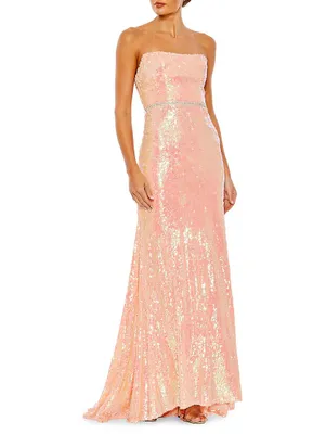 Belted Sequin-Embellished Gown