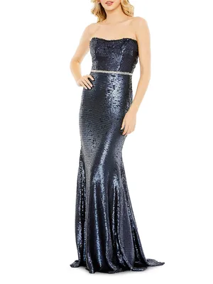 Belted Sequin-Embellished Gown