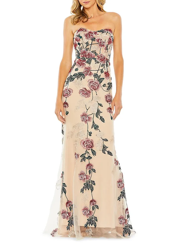 Floral Embroidered Strapless Gown