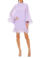 Cape Sleeve Feather-Trim Minidress