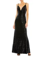 Sequin-Embellished V-Neck Gown