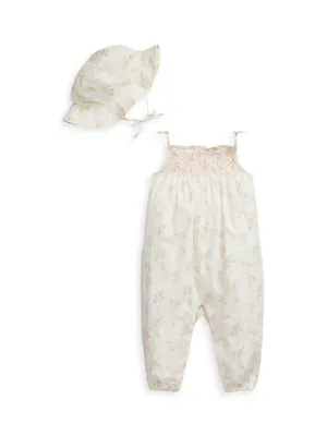 Baby Girl's Cotton Batiste Overalls & Bucket Hat Set