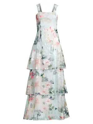 Sleeveless Tiered Floral Gown