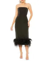 Feather-Trim Strapless Midi-Dress