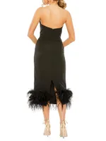 Feather-Trim Strapless Midi-Dress