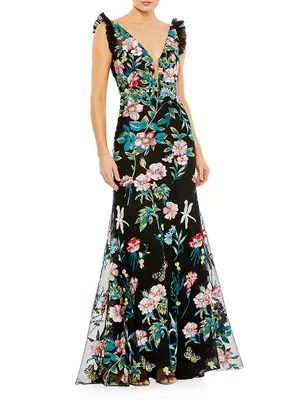 Embroidered Floral Trumpet Gown