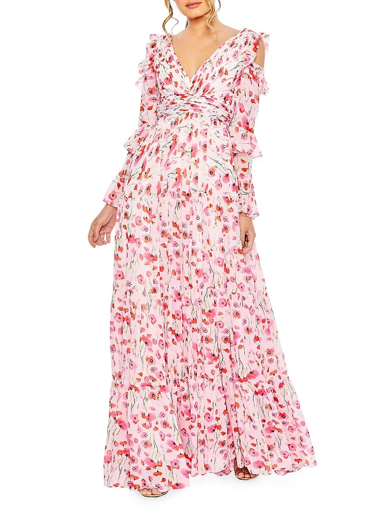 Floral Ruffle-Sleeve Gown