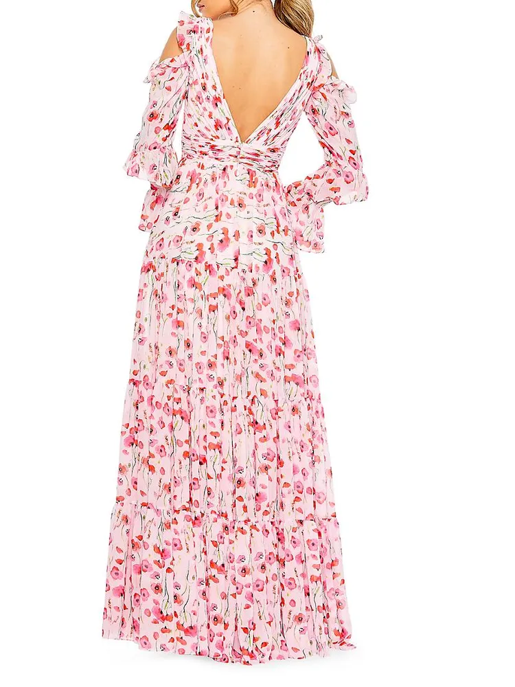 Floral Ruffle-Sleeve Gown