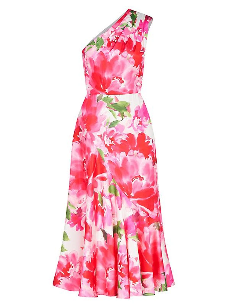 Linnea Floral Charmeuse One-Shoulder Midi-Dress