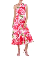 Linnea Floral Charmeuse One-Shoulder Midi-Dress