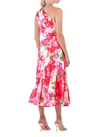 Linnea Floral Charmeuse One-Shoulder Midi-Dress