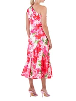 Linnea Floral Charmeuse One-Shoulder Midi-Dress