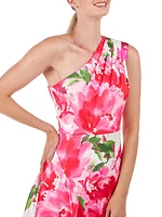 Linnea Floral Charmeuse One-Shoulder Midi-Dress