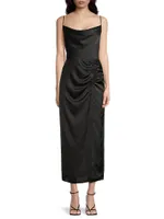 Lilliana Ruched Satin Cowlneck Slipdress