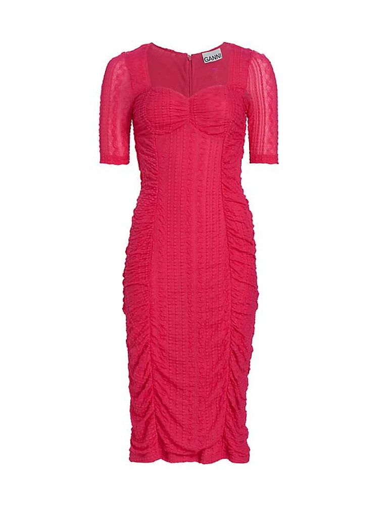 Ruched Stretch Lace Midi-Dress