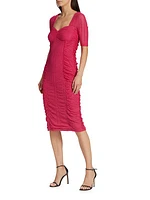 Ruched Stretch Lace Midi-Dress