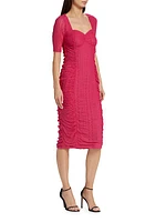 Ruched Stretch Lace Midi-Dress