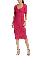 Ruched Stretch Lace Midi-Dress