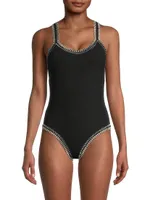 Crochet-Trim Crossback One-Piece Swimsuit