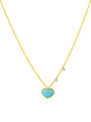 14K Yellow Gold, .04 TCW Diamond & Turquoise Heart Necklace