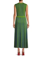 Striped Rib-Knit Belted Midi-Dress