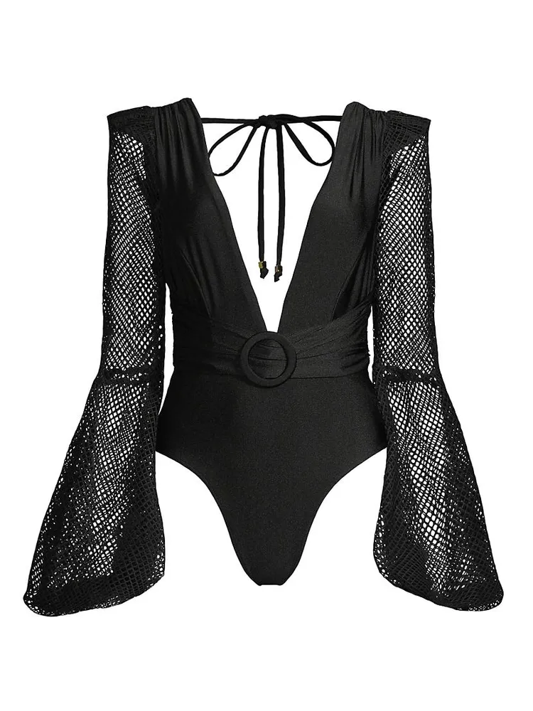 Plunge Fishnet-Sleeve One-Piece Swimsuit