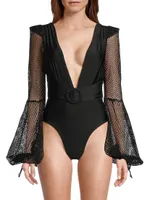 Plunge Fishnet-Sleeve One-Piece Swimsuit