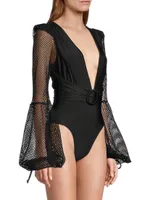 Plunge Fishnet-Sleeve One-Piece Swimsuit