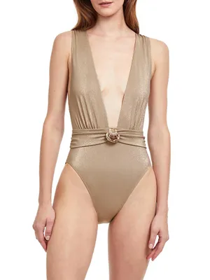 White Sands Metallic Deep Plunge One-Piece Swimsuit