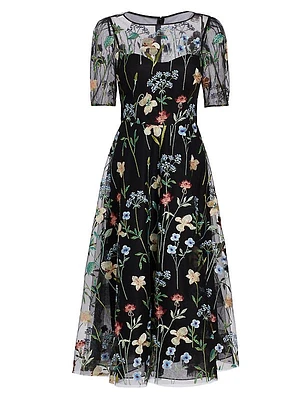 Floral-Embroidered Illusion Midi-Dress