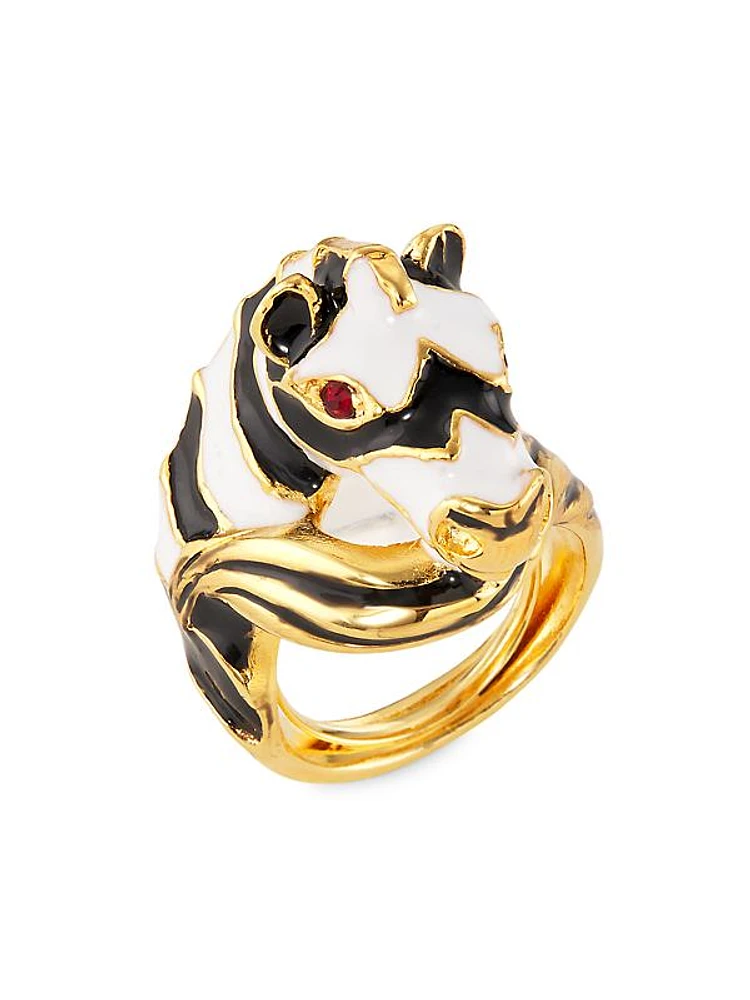 22K-Gold-Plated, Enamel & Crystal Zebra Head Ring