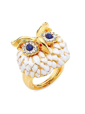 22K-Gold-Plated, Enamel & Rhinestone Owl Head Ring