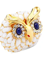 22K-Gold-Plated, Enamel & Rhinestone Owl Head Ring