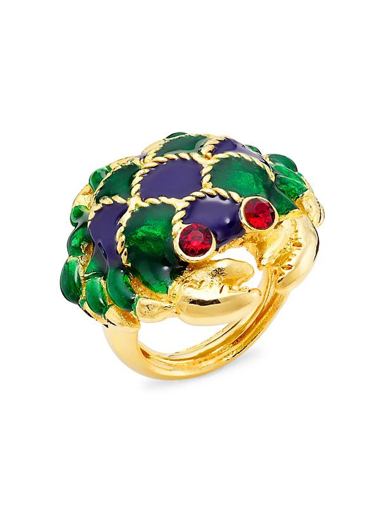 22K Gold-Plated, Enamel & Faux Ruby Crab Ring