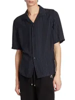 Shark-collar Shirt Matte and Shiny Striped Silk