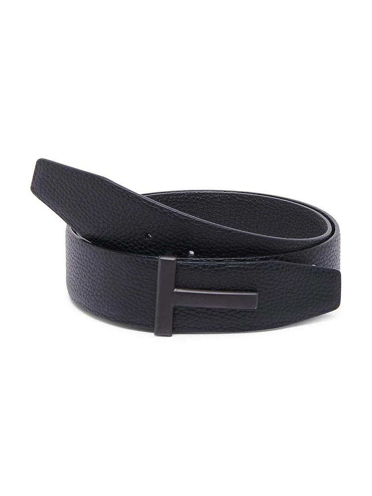 Ridged T Buckle Reversible Leather Belt